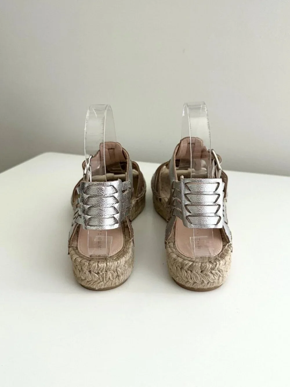 NEW LOEFFLER RANDALL Metallic Silver Leather Fisherman Espadrille Sandals Size 8
